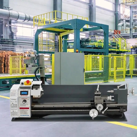 Garvee 8x30 Inch Mini Metal Lathe With 750W Motor And Variable Speed Up to 3000 RPM Precision Benchtop Machine For Hobbyists in a workshop.