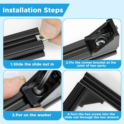 40 Piece Black 2020 Series Aluminum Extrusion Connector Kit installation steps with 40 2028 corner brackets and T slot nuts