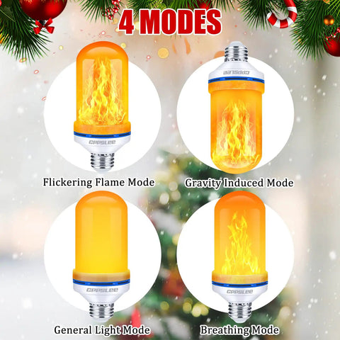 Upgraded LED Flame Light Bulbs With Realistic Flicker 4 Modes E26 Base Fire Glow Bulb For Halloween Decor, image showing four lighting modes