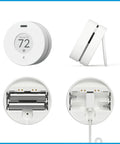 Puck Wireless Smart Thermostat For Smart Vents And Mini Splits showing front, side, battery compartment, and USB port views.