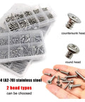 Micro Self Tapping Screw Set 304 Stainless Steel Rust Resistant M1.2 Through M4 Assorted Sizes For Wood And Plastic No Sweat Assembly 380 Piece Hardware Kit with round and countersunk head screws.