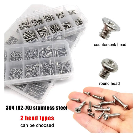 Micro Self Tapping Screw Set 304 Stainless Steel Rust Resistant M1.2 Through M4 Assorted Sizes For Wood And Plastic No Sweat Assembly 380 Piece Hardware Kit with round and countersunk head screws.