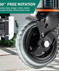 Close-up of Beefy 6 Inch Gate Wheel With Brake For Sliding Farm Gates, heavy-duty rubber tire and metal bracket in black, 360° swivel