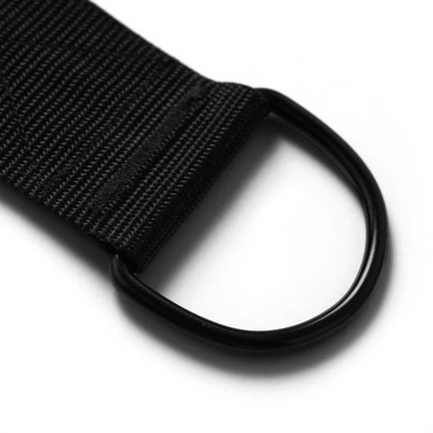 Close-up of black nylon strap with metal loop, part of Ultimate Tricep Rope Attachment With Built In Three Lengths, Multi Grip Cable.