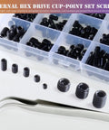 530 Piece Metric Set Screw Kit With M3 M4 M5 M6 M8 Grub Screws Internal Hex Drive For Bathroom Fixtures Door Handles Towel Racks Replacement 12.9 Grade Alloy Steel Durable Heavy Duty DIY Must Have screws in box with tweezers