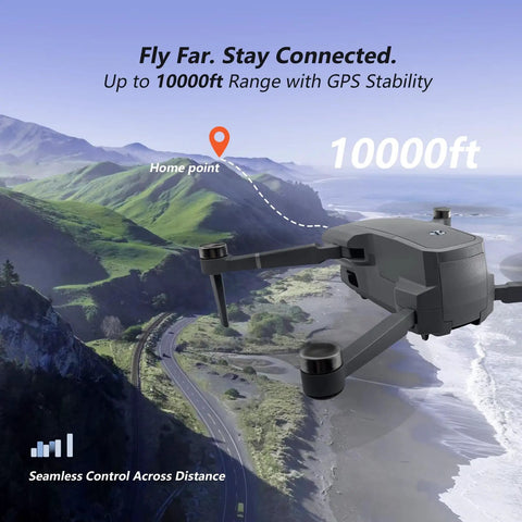 GPS Drone With 4K Camera And 3 Axis Gimbal For Ultra Smooth Footage 10000ft Range And 90 Min Flight Time hovering over coastline.