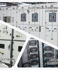 Electrical control cabinet with switches and meters; electrical box side view; metal cabinet interior.