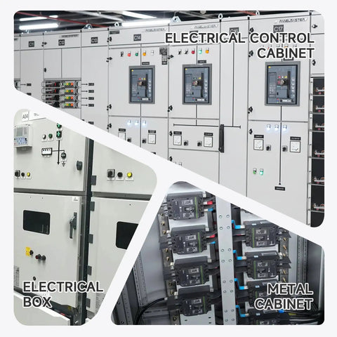 Electrical control cabinet with switches and meters; electrical box side view; metal cabinet interior.