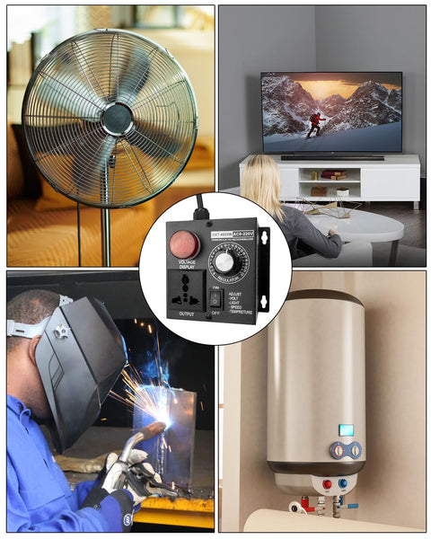 AC Motor Variable Speed Controller for Routers and Fans SCR Voltage Regulator 120V-220V with images of fan, TV, welding, water heater