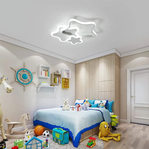 Dimmable LED Ceiling Light Star Shaped Cartoon Design Acrylic Chandelier With Remote in child's bedroom, toys visible