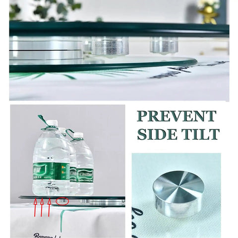 Tempered Glass Lazy Susan Turntable for Dining Table with anti-tip design, showing non-slip aluminum mechanisms and tilt prevention.