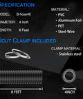 Specification sheet of 4 Inch Dryer Vent Hose Flexible Insulated Air Ducting With PVC Aluminum Foil Outer Layer 8 Feet Long Includes 2 Clamps Easy Install Black Heavy Duty Vent Hose For HVAC Dryers And Exhausts.