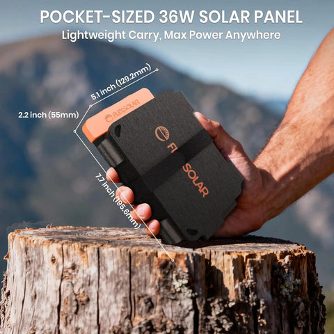 36W Solar Panel Charger With Quick Charge USB A USB C And DC Ports held by hand, displaying size and lightweight design outdoors.
