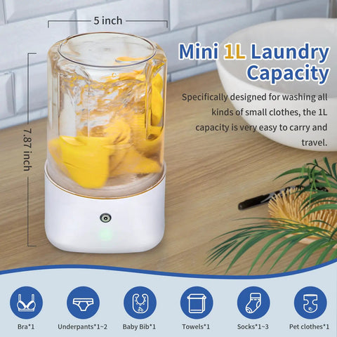 Grab And Go Portable Mini Washing Machine Usb Rechargeable Compact Drum with 1L capacity for small laundry loads, easy to carry.