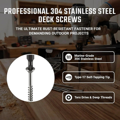 Coast Ready Marine Grade 304 Stainless Steel Deck Screws For Outdoor Wood Projects With Two And One Half Inch Length Flat Head Type 17 Auger Tip T25 Star Drive Includes Free T25 Bit Size Ten 100 Pieces close-up