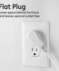 Three Outlet Extension Cord 8 Foot Grounded Power Strip With Flat Plug For Indoor Use shown plugged into a wall outlet