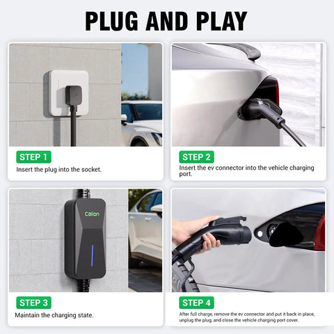 Portable 32 Amp Level 2 EV Charger With 25 Foot Cable And Nema 14-50 Plug UL Certified Fast Charging Station For J1772 Electric Cars Plug And Play installation steps.