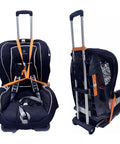Front and side view of an Extendable Car Seat Travel Cart For Airports With Folding Stowable Base Plate And Smooth Wheels