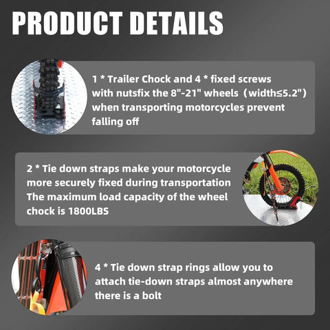 Foldable Motorcycle Wheel Chocks With Tie Down Strap, 1800 Lbs Capacity, Universal For 8 To 21 Inch Wheel, Fits Cruiser, Sport, Dirt Bikes, Trailer Or Truck Transport, Red