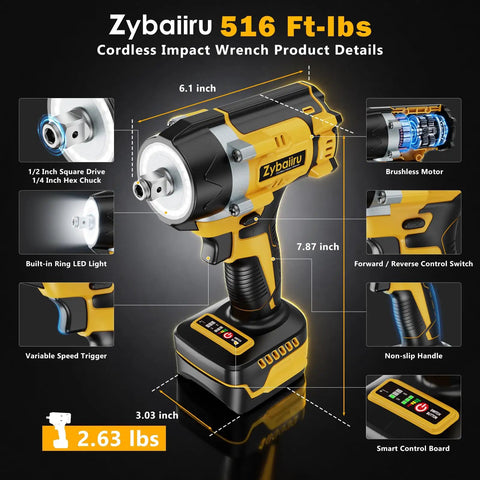 Heavy Hitter Cordless Impact Wrench Driven By A Rugged Brushless Motor Operating As A Versatile Drill Plus Screwdriver Combining To Deliver 516 Ft Lbs Of Serious Torque For Daily Grinds, showcasing features and size.