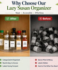 Four Pack 10.5 Inch Lazy Susan Organizers Smooth Operator Turntable Trays showing organized spices in a cabinet.