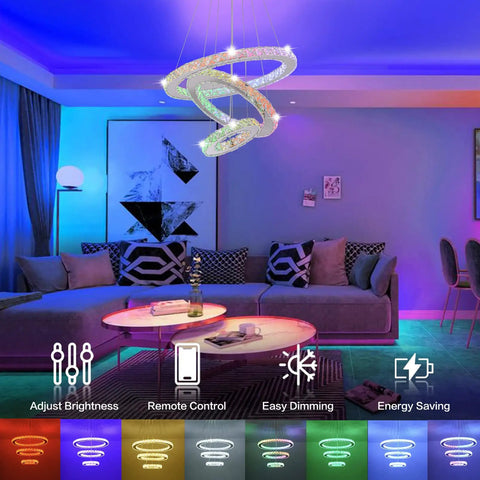 Color Changing Crystal Ring LED Pendant Chandelier with Remote Dimmer Rainbow RGB lighting for living room