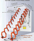 Heavy Duty Electric Attic Ladder Pull Down Loft Stair With Remote Control Auto Deploy Scissor Lift with orange rings and steps.