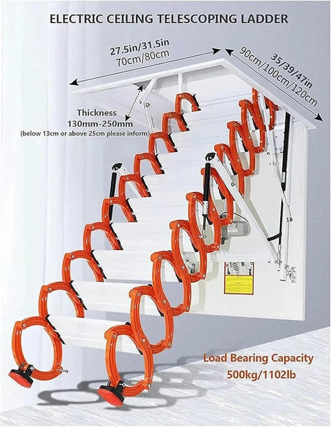 Heavy Duty Electric Attic Ladder Pull Down Loft Stair With Remote Control Auto Deploy Scissor Lift with orange rings and steps.