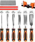 10 Piece Wood Chisel Set With Honing Guide And Sharpening Stone Includes Carpenter Pencils And Sharpener A Complete DIY And Pro Grade Woodworking Kit For Home Projects 6mm 13mm 19mm 25mm 32mm 38mm Chisels displayed
