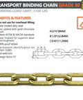 Beefy Heavy Duty Transport Binder Chain With Clevis Grab Hooks 5 16th Inch By 20 Foot 5100 Lb WLL Grade 80 Alloy Steel