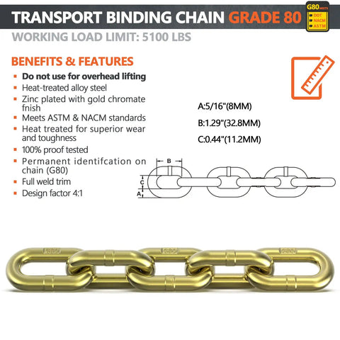 Beefy Heavy Duty Transport Binder Chain With Clevis Grab Hooks 5 16th Inch By 20 Foot 5100 Lb WLL Grade 80 Alloy Steel