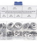Front view of HVAZI 304 stainless steel wave washer assortment kit in clear case; M3–M12 sizes.