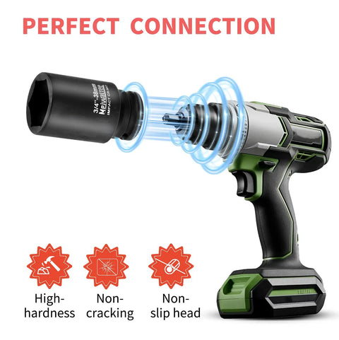 Half Inch Drive Deep Impact Socket Set attached to drill, showing strong connection and non-slip head, for heavy duty use