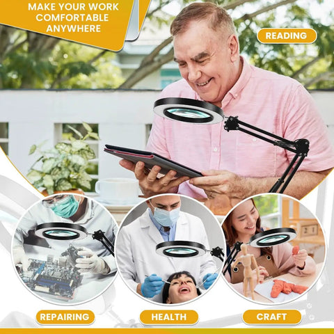 Man using 2 In 1 Clamp And Desk Magnifier Lamp With Dimmable LED Light Swivel Arm And 3 Color Modes for reading tablet
