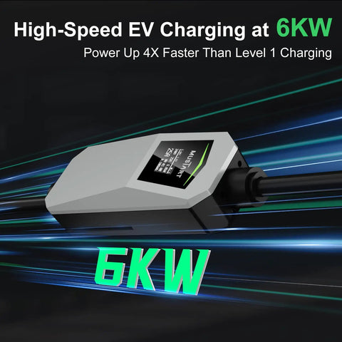 High-speed Tesla Level 2 Portable EV Charger 25A With 22 Foot Cable And One Touch Release NEMA 14 30 Plug, 6KW charging speed.