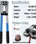Front view of Tivorex battery lug crimping tool with blue handles; includes ring terminals and heat shrink tubing kit