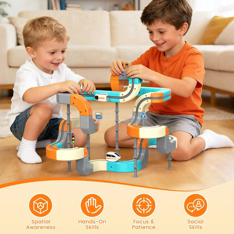 Epic 82 Piece Electric Train Set With 3D Flexible Race Track For Kids Ages 3 4 5 6 7 8 Gravity Defying Rail Building Toys With Rechargeable Trains STEM Learning Gift For Birthday, kids playing on 3D track