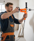 Man using Corded Drill Mixer With 1200W Motor, Five Eighth Inch Chuck, 0 To 750 RPM, Handheld Cement Mixer With D Handle on wall