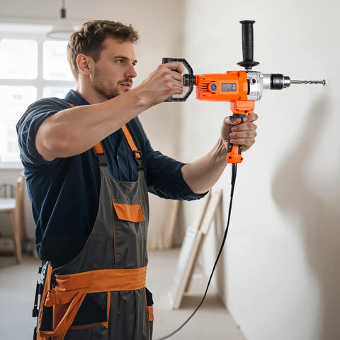 Man using Corded Drill Mixer With 1200W Motor, Five Eighth Inch Chuck, 0 To 750 RPM, Handheld Cement Mixer With D Handle on wall