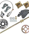 44in/1120mm Quad Go Kart Rear Live Axle Kit With Sprocket, Brake, And Wheel Hub Replacement For ATV Quad Go Karts, Beefed Up Metal Axle With Radius Bend, Measure Before Buying. Kit elements include axle, sprocket, brake disc, chain, bearings, and hardware components.