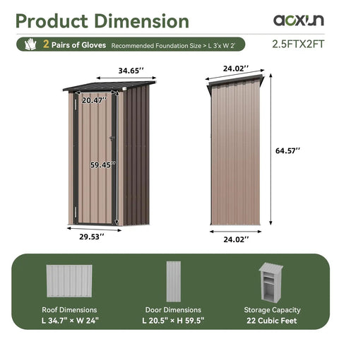 Diagram showing dimensions of Vertical Outdoor Storage Cabinet Shed With Floor, Space Saving Design, Two Adjustable Shelves, Lockable Doors.