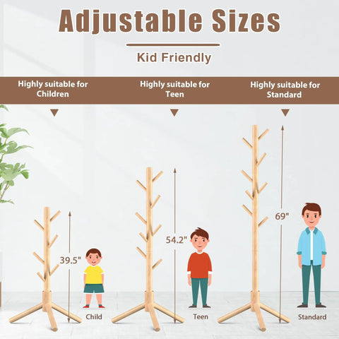 Wooden Coat Rack Stand With Eight Hooks Made From New Zealand Pine Three Section Adjustable Height Easy Assembly Coat Tree for sizes