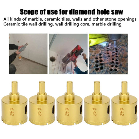Check Out This Hella Cool 5 Piece 42mm Gemstone Hole Saw Kit With Golden Drill Cutters For Marble Glass And Ceramics To Make Precise Cuts Like A Pro. five gold 42mm hole saw bits for marble, tile and ceramic drilling