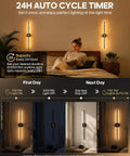 GOODEA Rechargeable RGB Wall Sconce with 2 Replaceable Batteries showing 24H auto cycle timer feature in cozy bedroom setting.