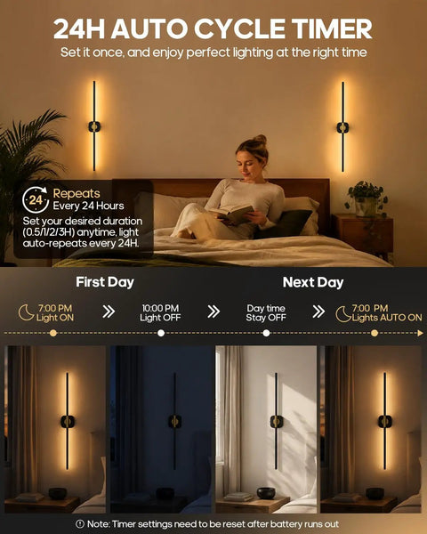 GOODEA Rechargeable RGB Wall Sconce with 2 Replaceable Batteries showing 24H auto cycle timer feature in cozy bedroom setting.