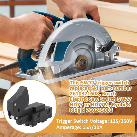 Real Tough SW77 Trigger Switch Replacement For Skil Bosch Ryobi Ridgid Worm Drive Circular Saws in use with circular saw.
