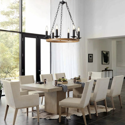 Six Light Farmhouse Chandelier With Rustic Industrial Wagon Wheel Design In Black, Distressed Metal Finish Ceiling Pendant
