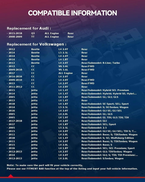 Chart showing compatibility information for Rear Wheel Hub And Bearing Assembly 512319 Pair For VW Jetta Passat Beetle Tiguan 5 Lug.