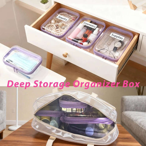 Chill About Packing With These Big Time Clear Hard Shell Zipper Storage Cases Featuring Deep Capacity Organizer Pouches For True Hassle Free Closet And Travel Organization And Daily Commute, showing a clear storage organizer box with jewelry and cosmetics.