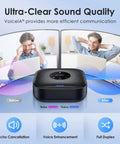 Boss Level Conference Phone for Small Teams With 360 Degree Mic Array and Noise Cancellation, USB-C and Bluetooth, showing sound quality improvement before and after with VoiceIA.